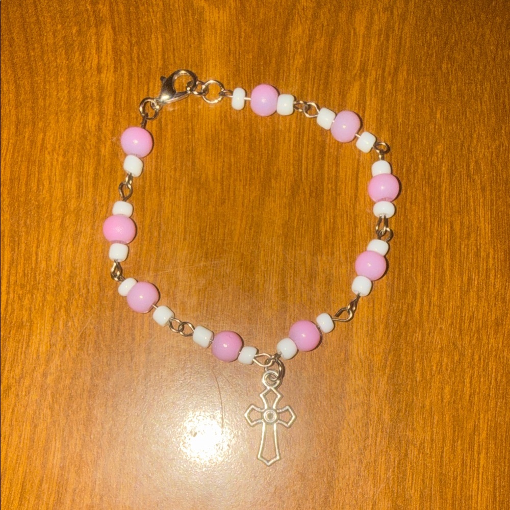Pink and White Beaded Bracelet with Cross Charm